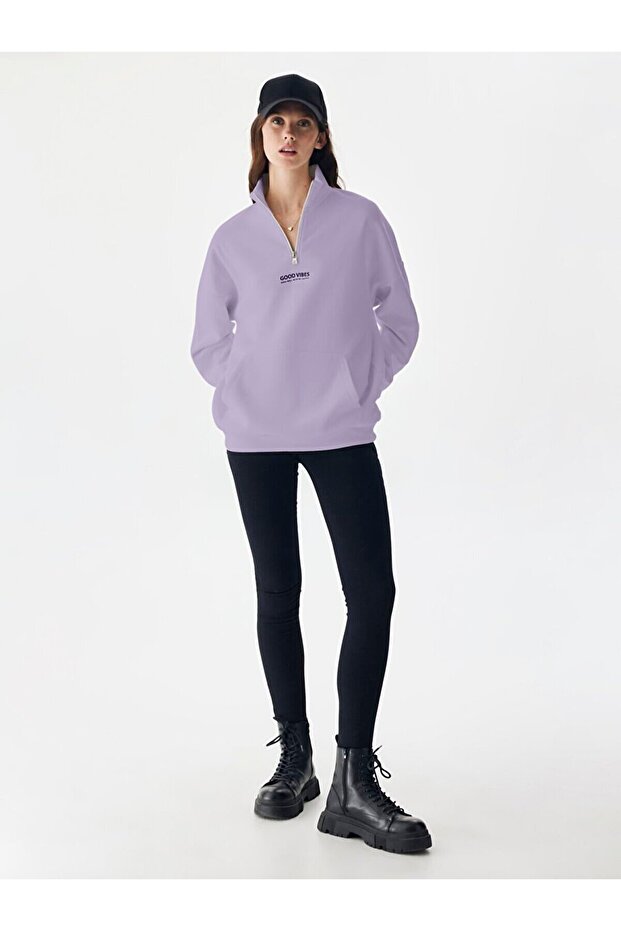 Oversıze Yarım Fermuarlı Lila Sweatshırt - 1