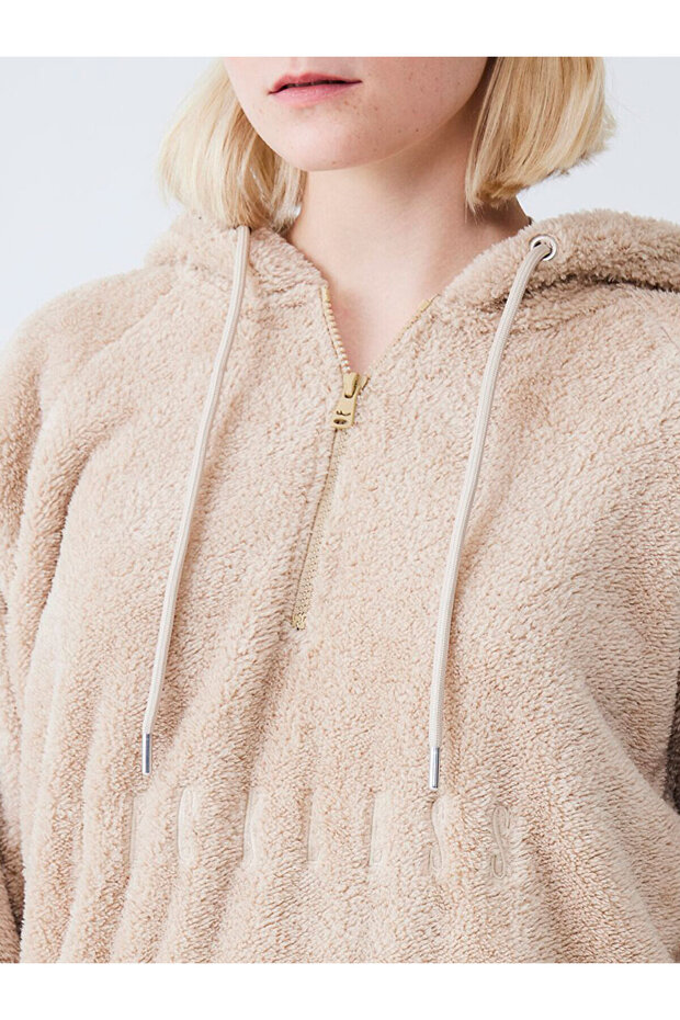 Kapüşonlu Slogan Işlemeli Bej Sweatshırt - 5