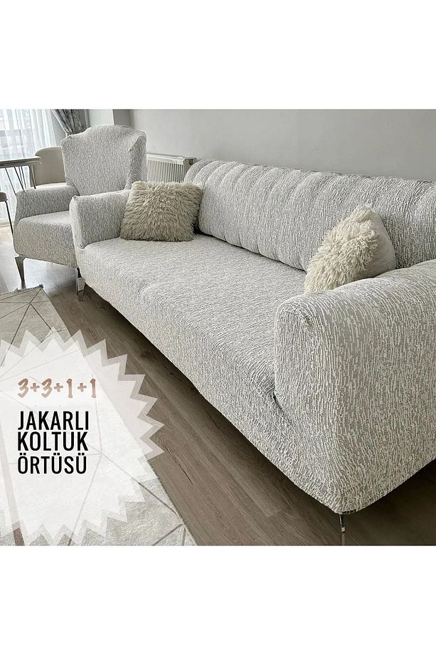 Lastikli Yıkanabilir Jakarlı Koltuk Örtüsü Seti - 2x3'lü, 2x1'li - 2