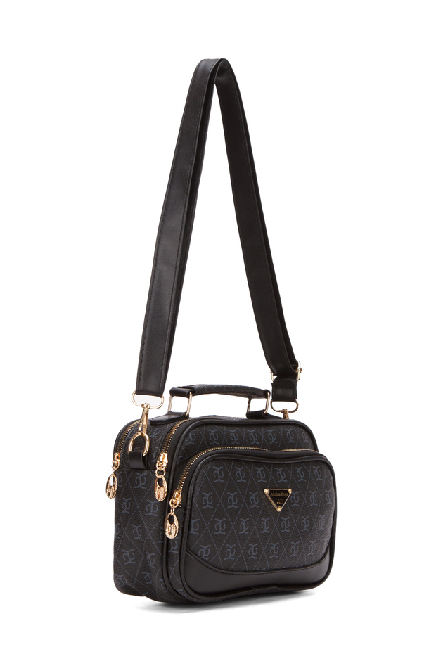 Women's Patterned Crisscross Straps Black Hand and Shoulder Bag