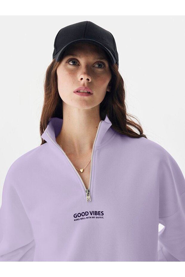 Oversıze Yarım Fermuarlı Lila Sweatshırt - 4
