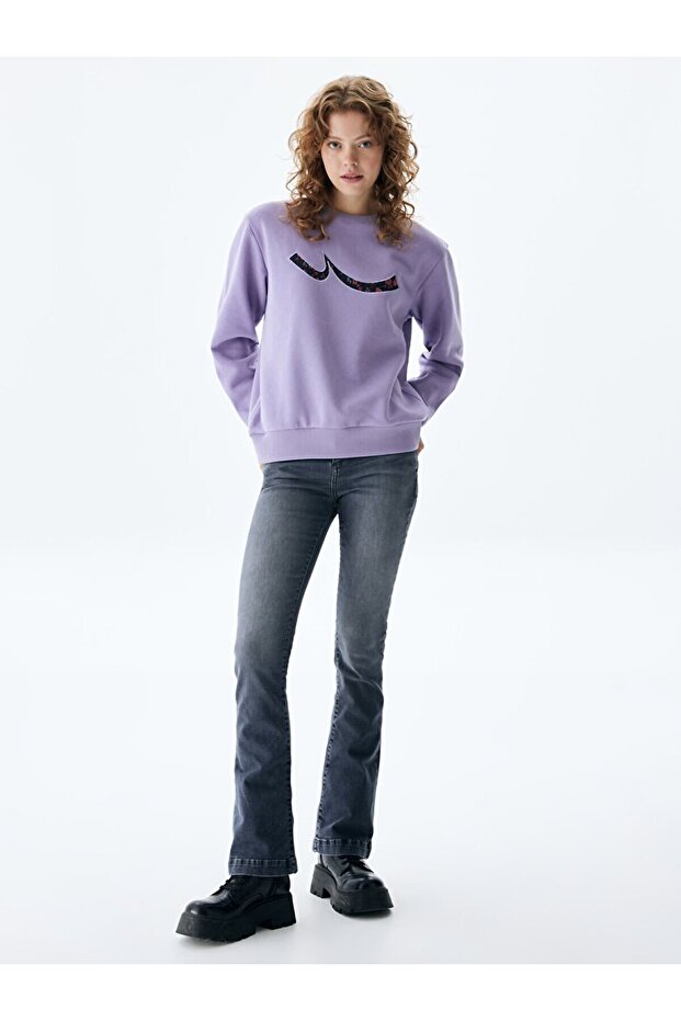 Logolu Bisiklet Yaka Lila Sweatshırt - 1