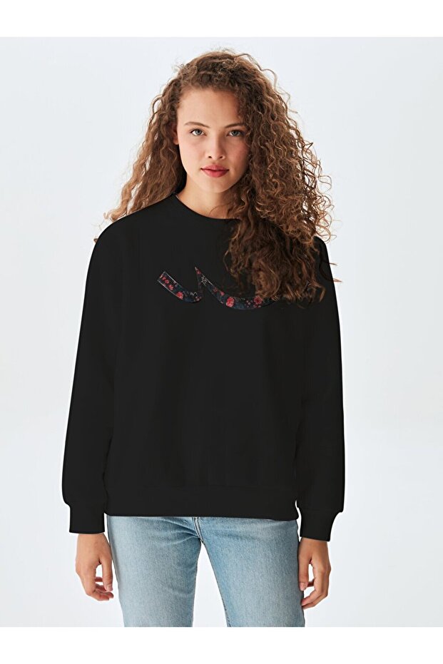 Logolu Bisiklet Yaka Siyah Sweatshırt - 2