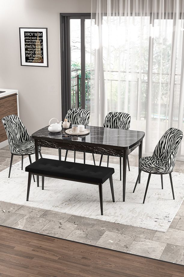 Zen Serisi 80x132 Mdf Açılabilir Siyah Mermer Desen Masa Takımı 4 Zebra Sandalye Ve 1 Siyah Bench - 1