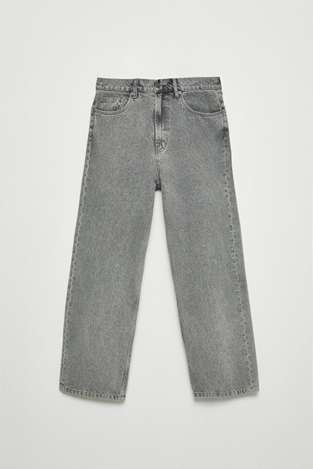Mıkal Men's Baggy Wide Leg Thick Textured 100% Cotton High Quality Gray Jeans