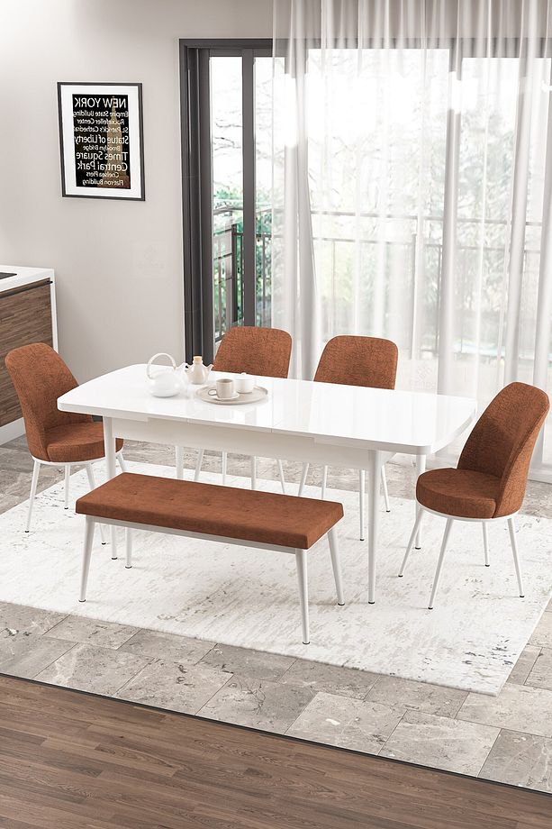 Zen Serisi 80x132 Mdf Açılabilir Beyaz Masa Takımı 4 Kiremit Sandalye Ve 1 Bench - 2