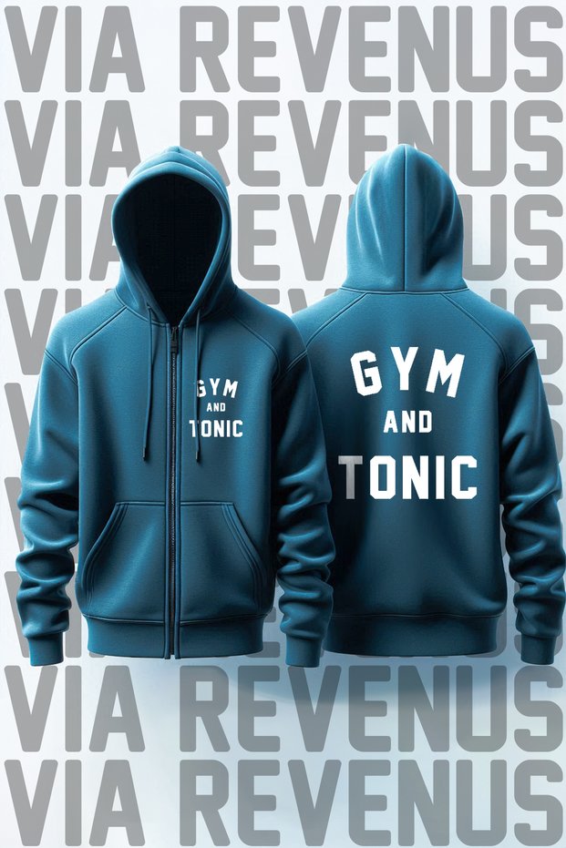 Gym and Tonic Front and Back Printed Unisex Zip Hooded Petrol Blue Sweatshirt Cardigan