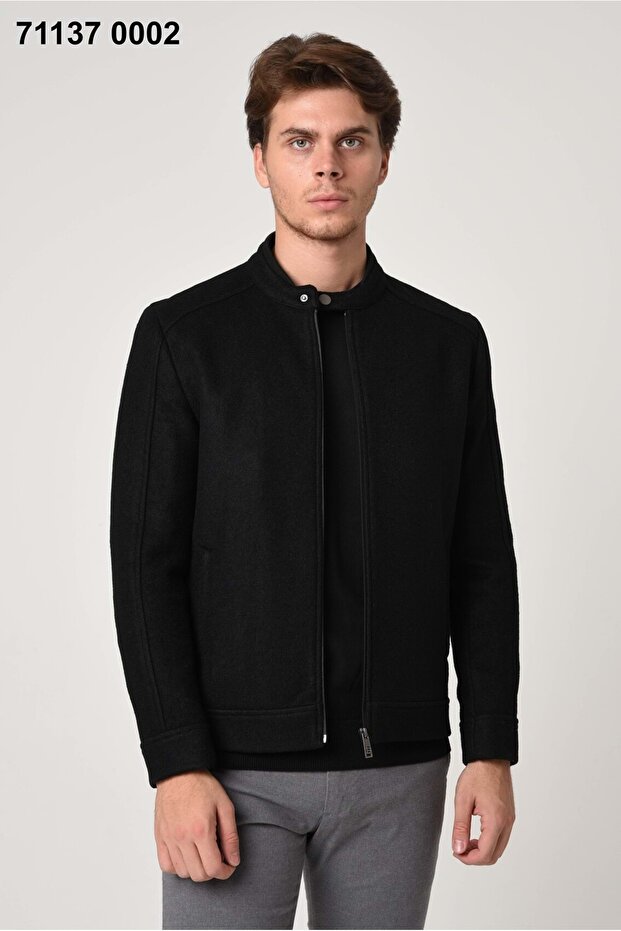 ERKEK HAKİM YAKA FERMUARLI YÜNLÜ MONT Siyah - 2