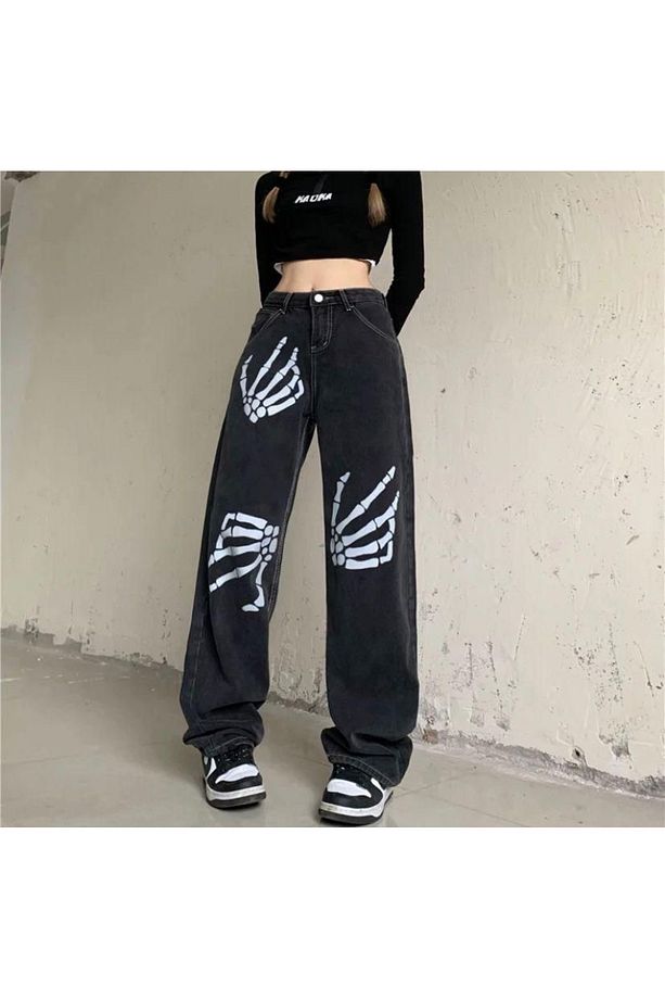 Y2k Retro Unisex Hard Skeleton Jean Pantolon - 1