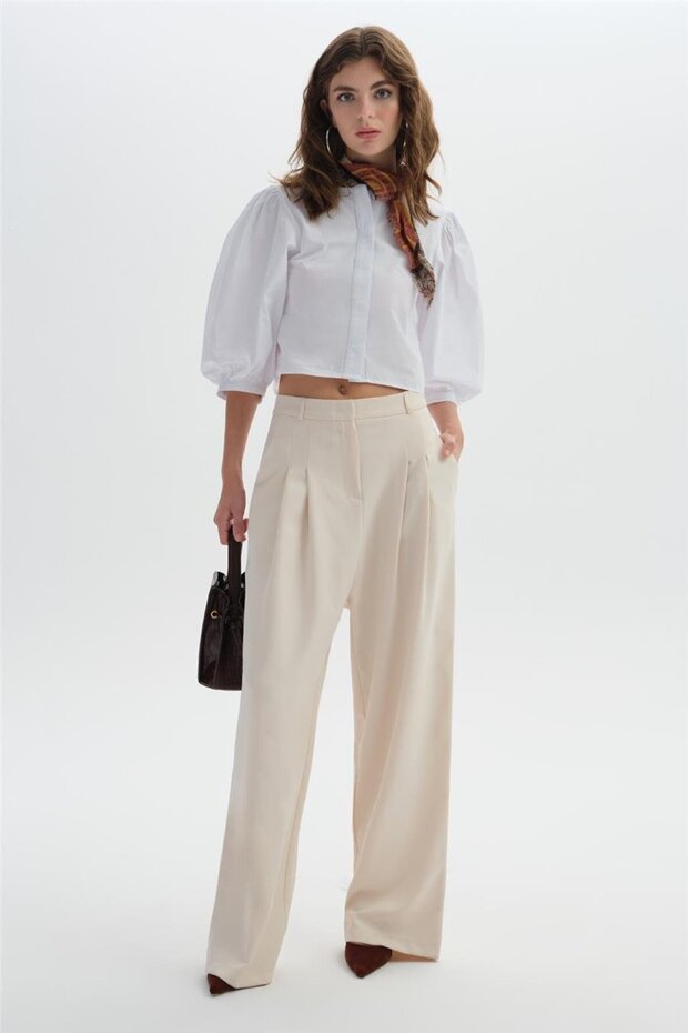 Ekru Crop Gömlek - 5