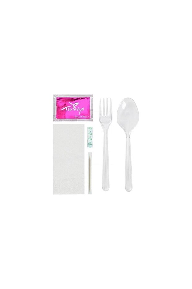 Plastic Disposable Food Set (Fork, Spoon, Wet Wipes, Napkin, Salt, Toothpick) 50 Pieces