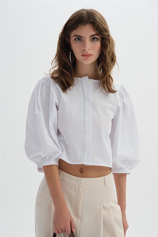 Ekru Crop Gömlek - 3