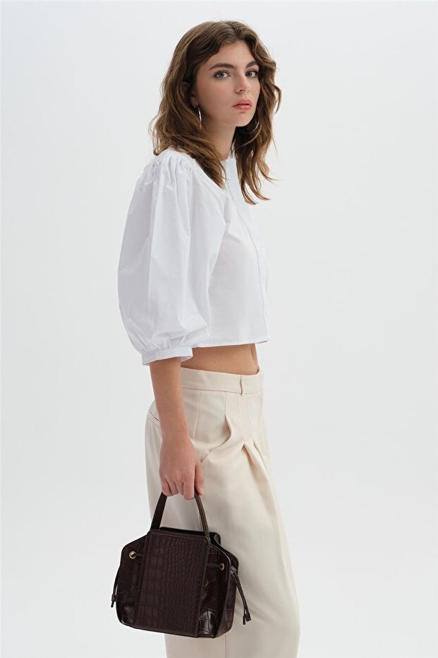 Ekru Crop Gömlek - 4