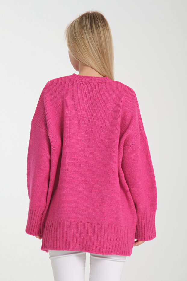 Oversize Basic Pembe Uzun Kadın Kazak - 4