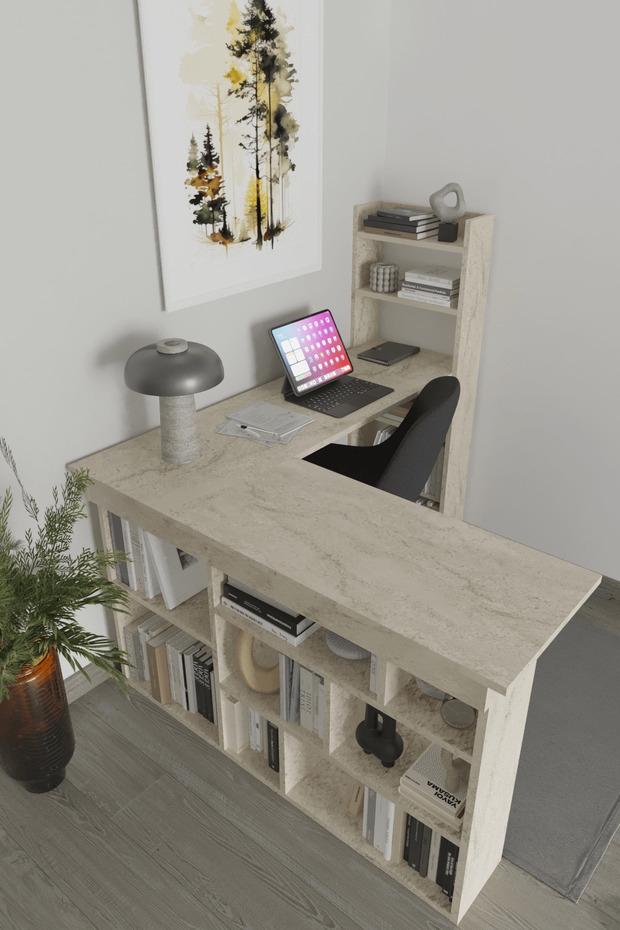 AYMOBSAN Venedik 13 Raflı Çalışma Masası, Traverten Desen