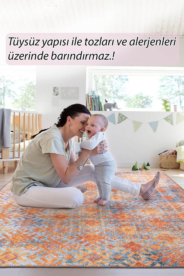 Moden Salon, Mutfak, Genç Odası Halısı, Dokuma Taban Dekoratif Şönil Turuncu Halı Funk Al 06 - 9