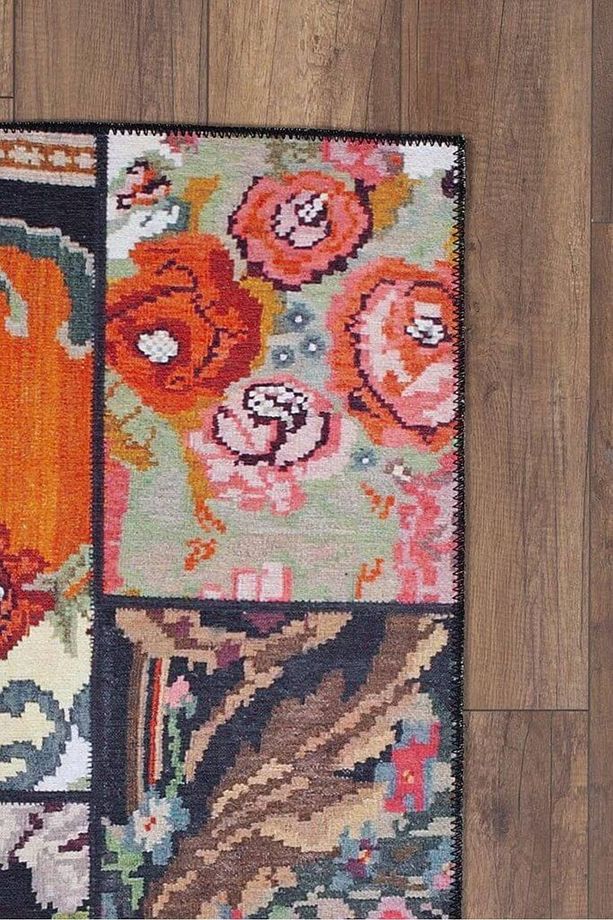 Patchwork Karabağ Desenli Salon Halısı, Dokuma Taban Dekoratif Şönil Siyah Halı Jazz Al 153 - 3