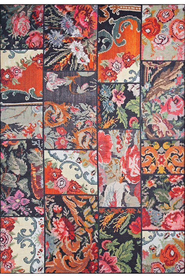 Patchwork Karabağ Desenli Salon Halısı, Dokuma Taban Dekoratif Şönil Siyah Halı Jazz Al 153 - 1