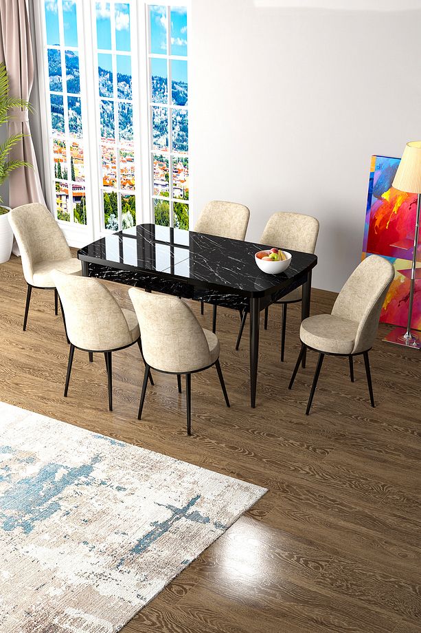 Zen Serisi 80x132 Mdf Açılabilir Siyah Mermer Desen Masa Takımı Ve 6 Krem Sandalye - 1