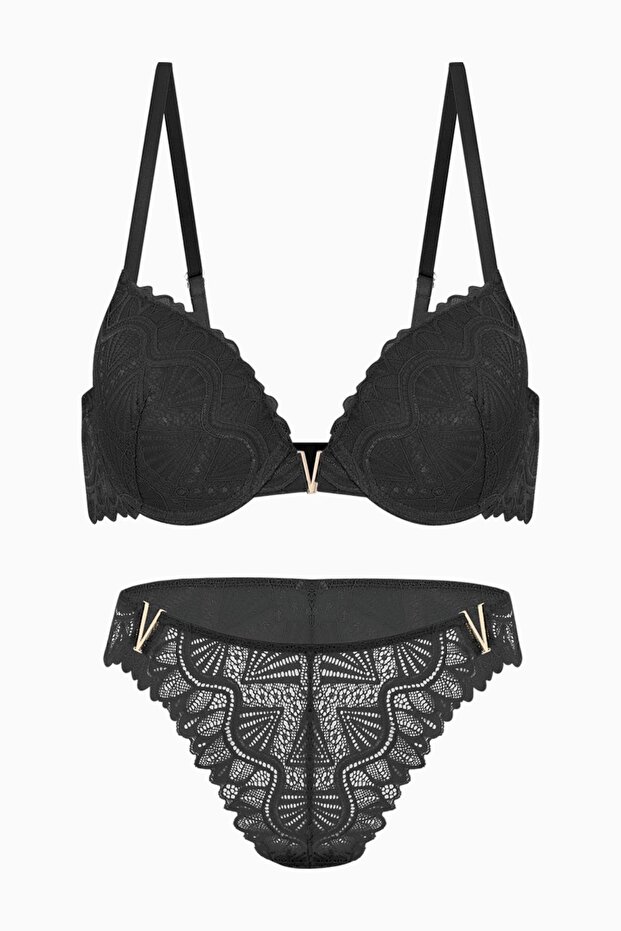 Anna Lace Bra Panty Set with Gold Accessories - Push up - 2568 - Black