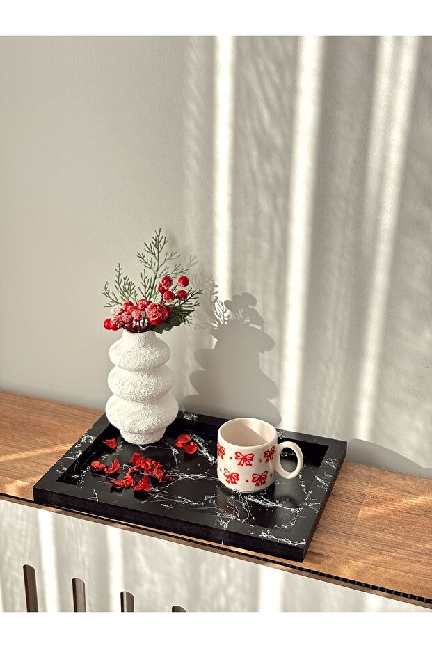 صينية خشبية سوداء منقوشة بالرخام - 3