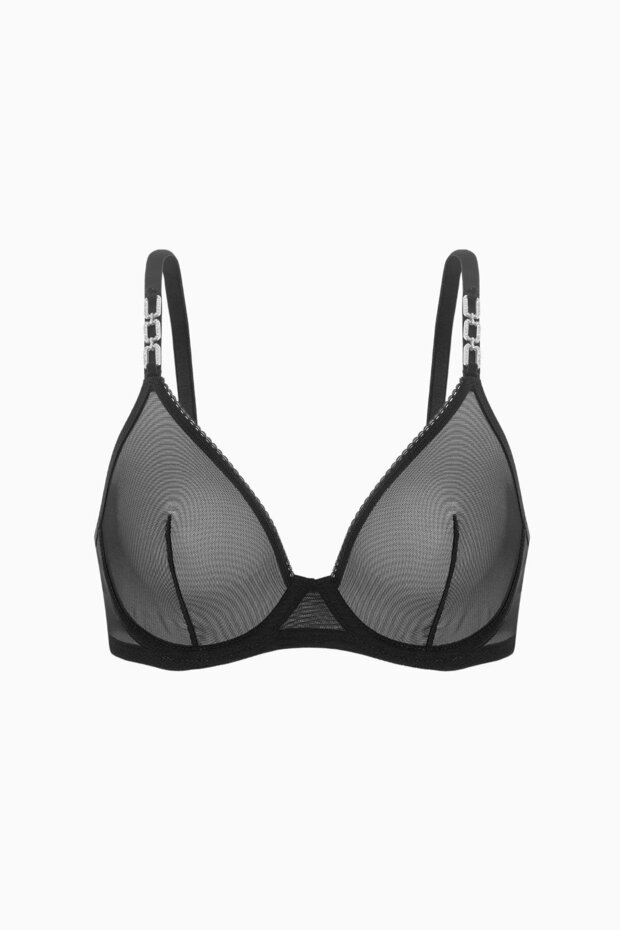 Tulle Detailed Bra - No Padding, Capless - Fashion - 2565 - Black