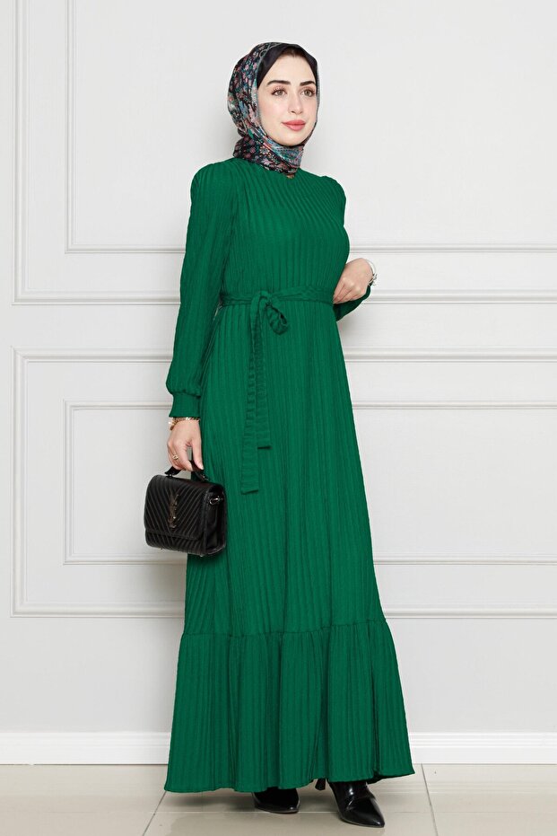 Belted Jacquard Hijab Dress-Emerald Green