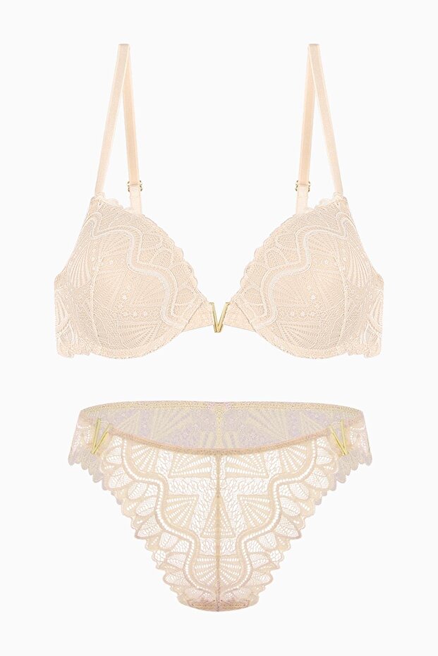 Anna Lace Bra Panty Set with Gold Accessories - Push up - 2568 - Skin