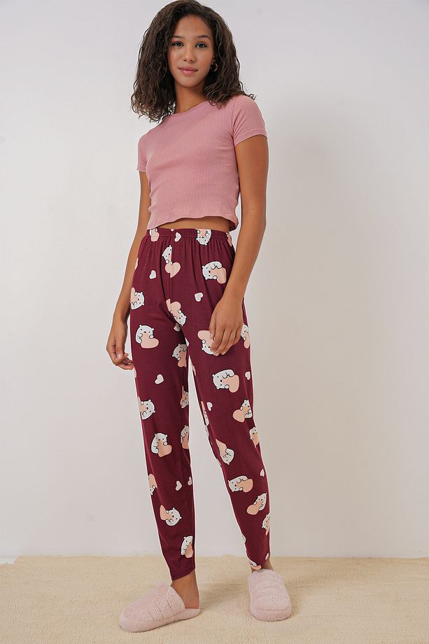 4323 Desenli Pijama Altı - Bordo - 4
