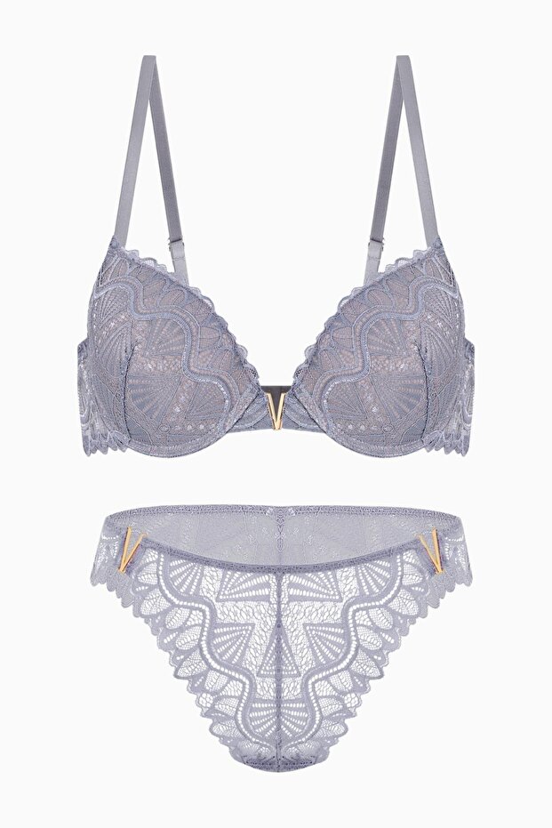 Anna Lace Bra Panty Set with Gold Accessories - Push up - 2568 - Gray