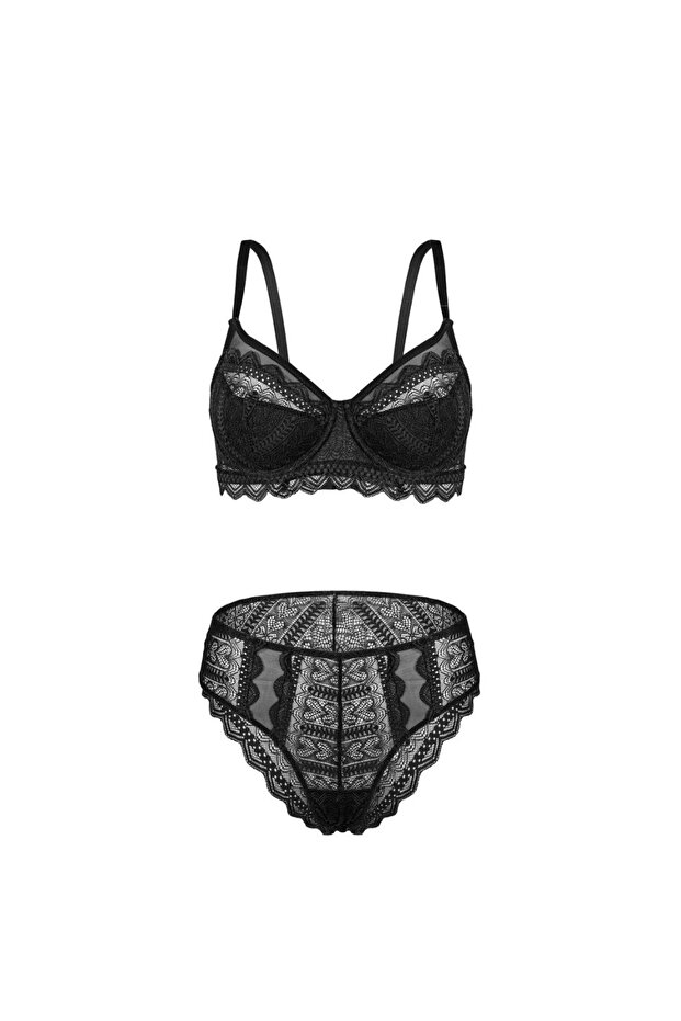 Lace Minimizer Bra Panty Set - Semi Sponge Support, Underwire - Fashion - 2483 - Black
