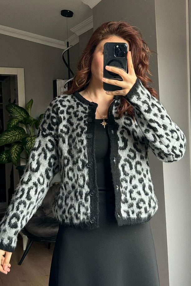 Leopar Desenli Midi Hırka -Antrasit - 2