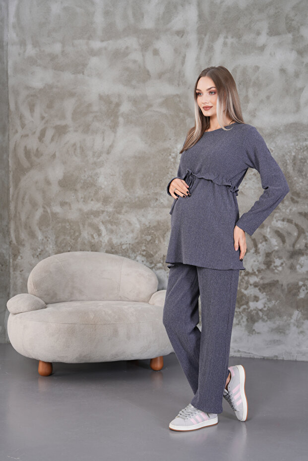 Ruffle Detailed Winter Wrapped Cloth Pocket Maternity and Maternity Top Tunic Set