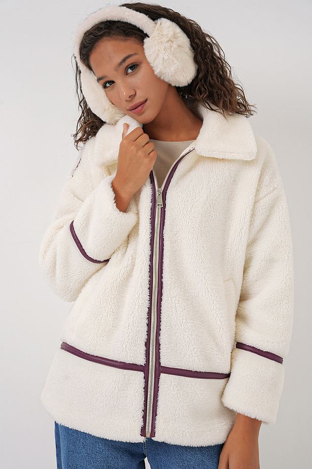 5173 Astarlı Peluş Ceket - Mürdüm - 4