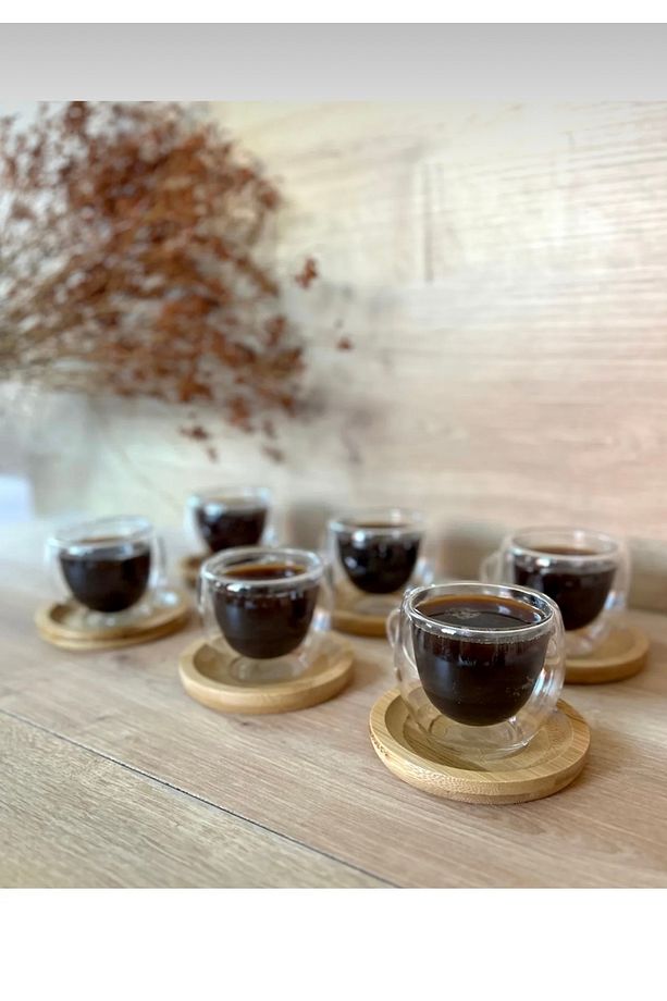 6'lı Bambu Tabak Çift Cidarlı Kahve Takımı Fincan 80 ML - 3