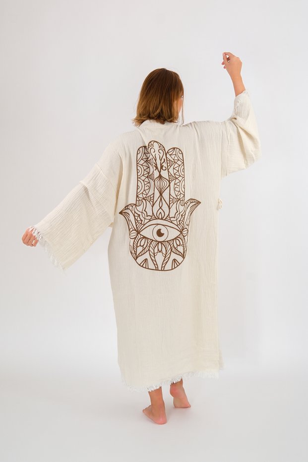 Muslin Kimono 100% Cotton Fatma Mother's Hand Printed Patterned Bathrobe Kaftan Dressing Gown