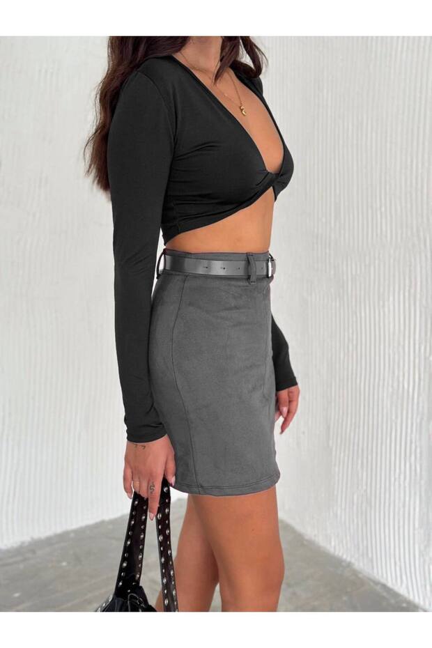 WOMEN'S MINI LENGTH SUEDE SKIRT WITH BELT, ABOVE THE KNEE