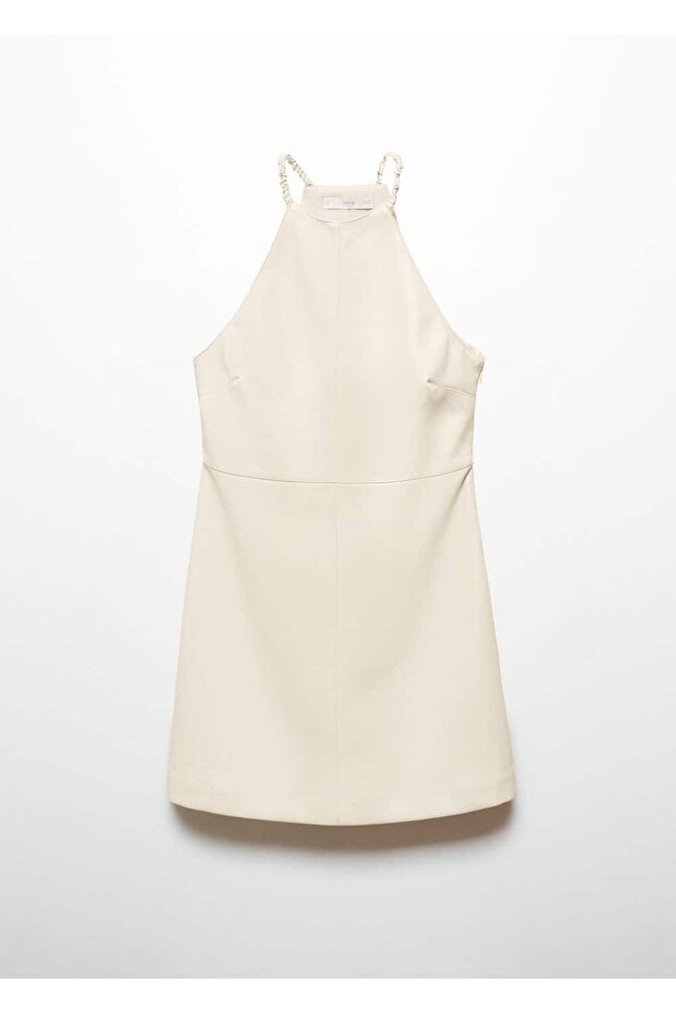 Deri Görünümlü Halter Yaka Elbise - 3