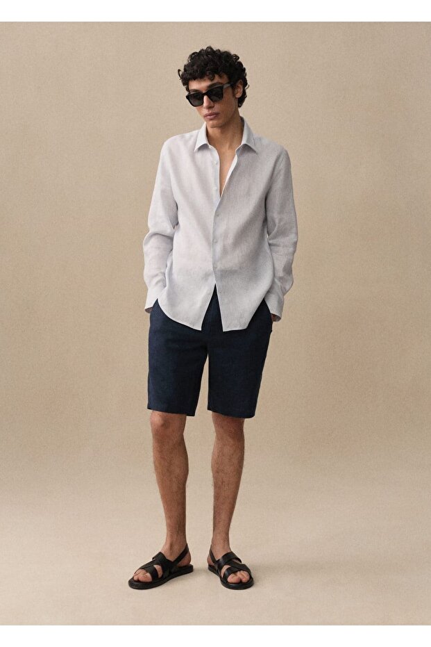 %100 Keten Regular Kesim Gömlek - 8