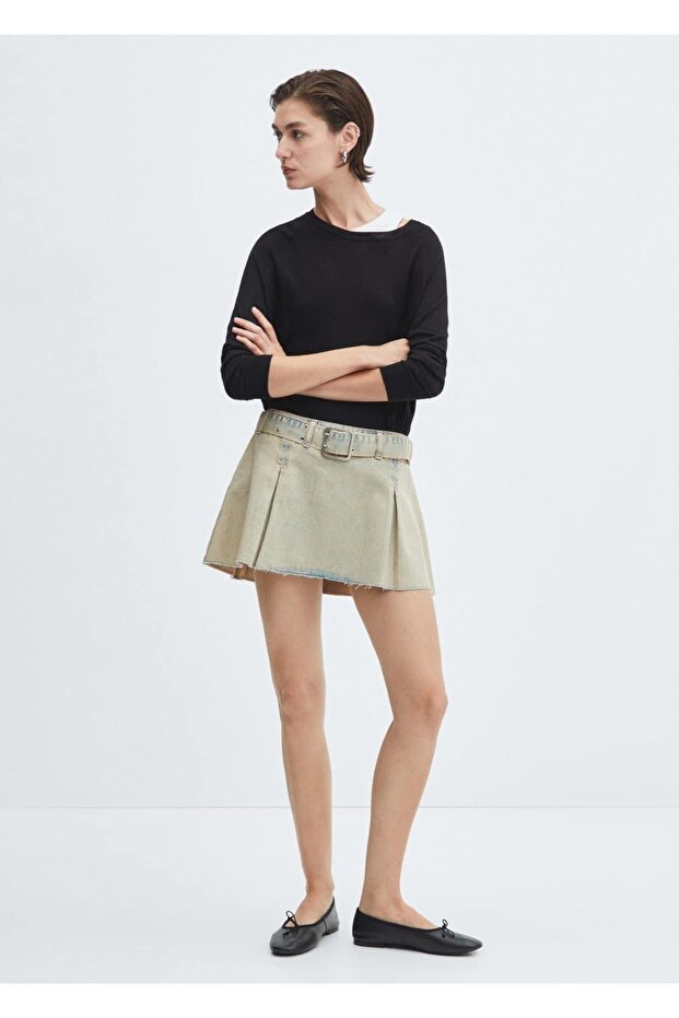 Kemerli denim mini etek - 2