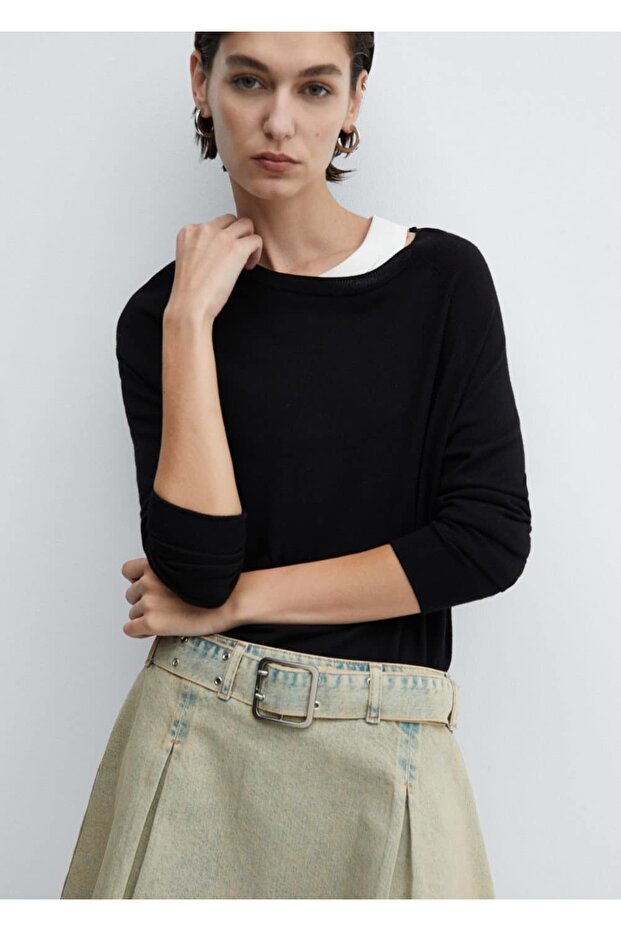 Kemerli denim mini etek - 5