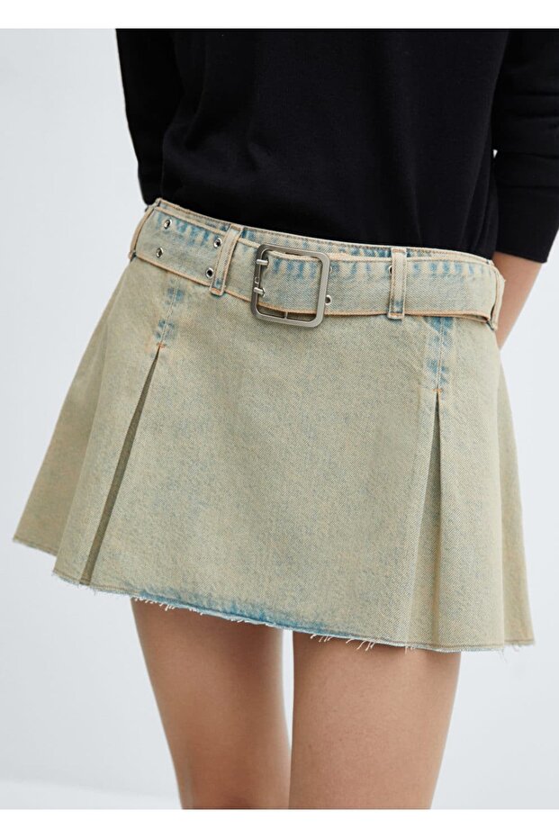 Kemerli denim mini etek - 1