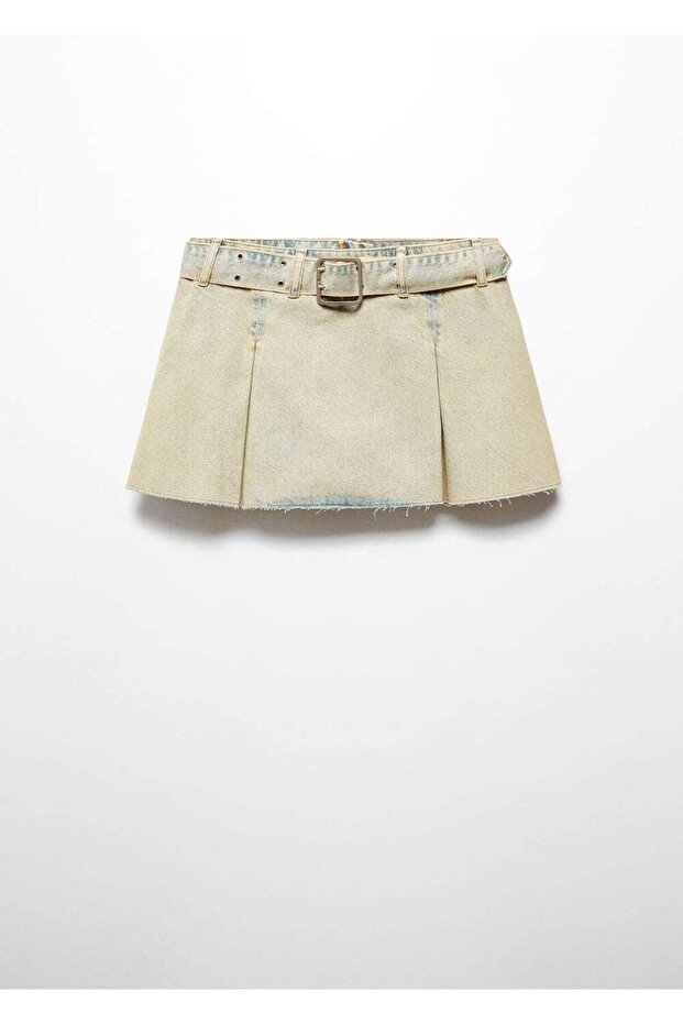 Kemerli denim mini etek - 3