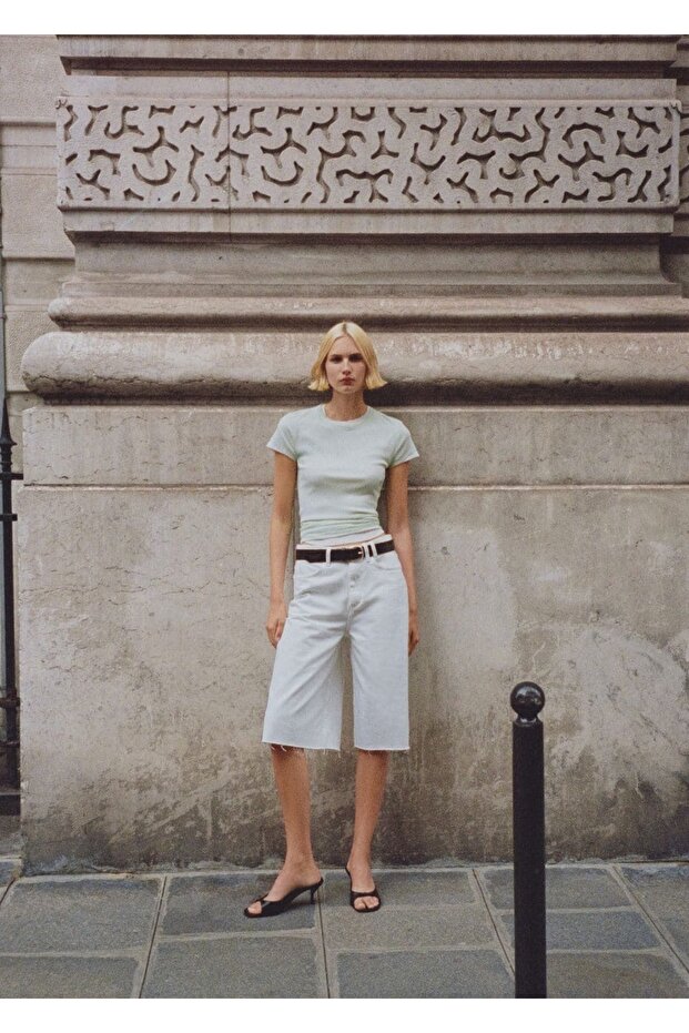 Paçaları dikişsiz denim bermuda şort - 7