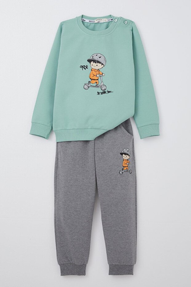 9-3 Years Old Baby Boy Tracksuit Set - Water Green Scooter Riding Printed