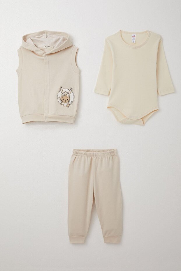 Baby Boy Bodysuit 3 Piece Set with Cute Rabbit Emblem 4 Months-1 Years, Beige