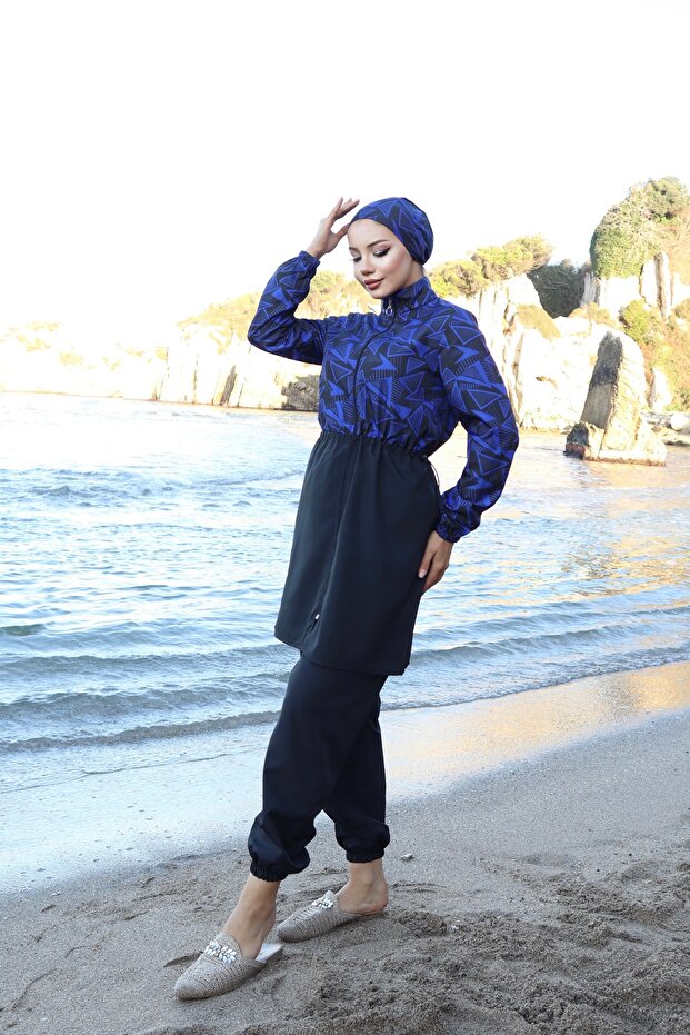 Spring Patterned 3-Piece Hijab Swimsuit with Adjustable Elastic Waist - 5