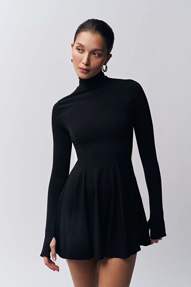 Turtleneck Finger Snap Long Sleeve Black Short Dress 5091