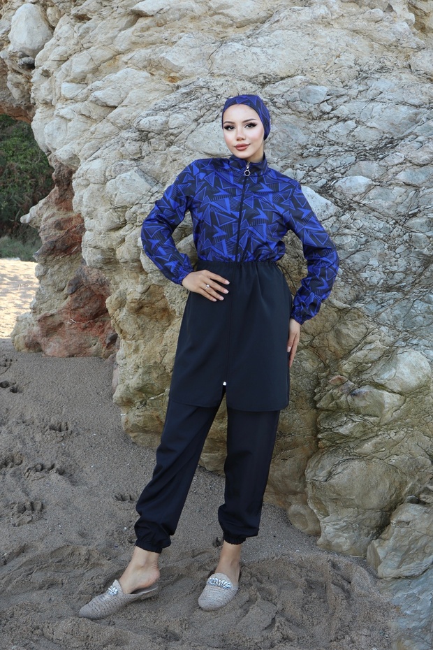 Spring Patterned 3-Piece Hijab Swimsuit with Adjustable Elastic Waist - 4