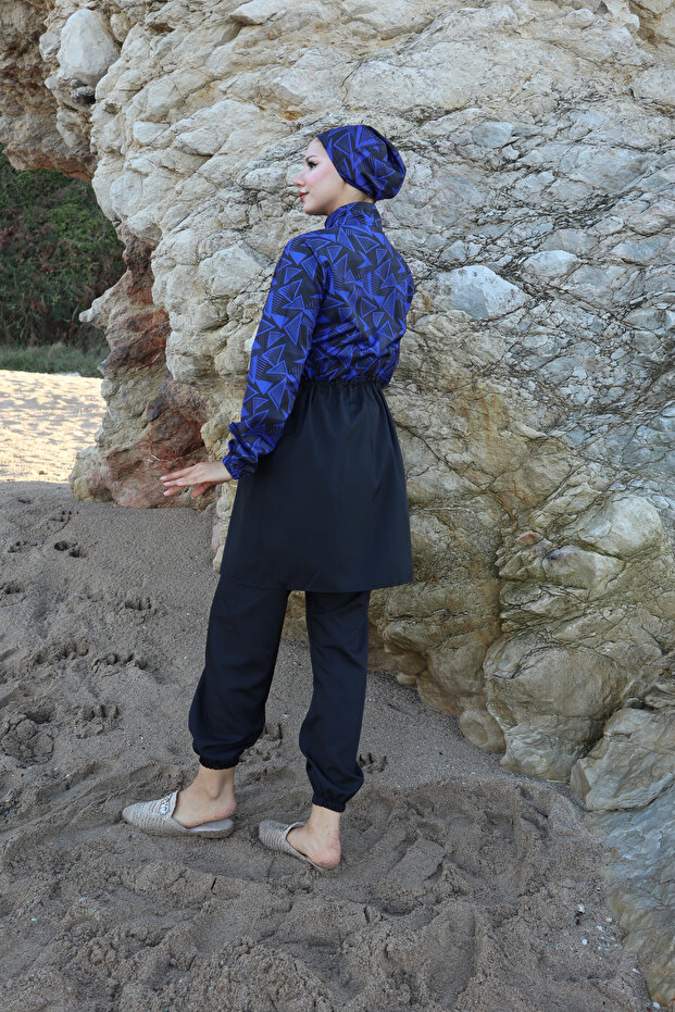 Spring Patterned 3-Piece Hijab Swimsuit with Adjustable Elastic Waist - 7